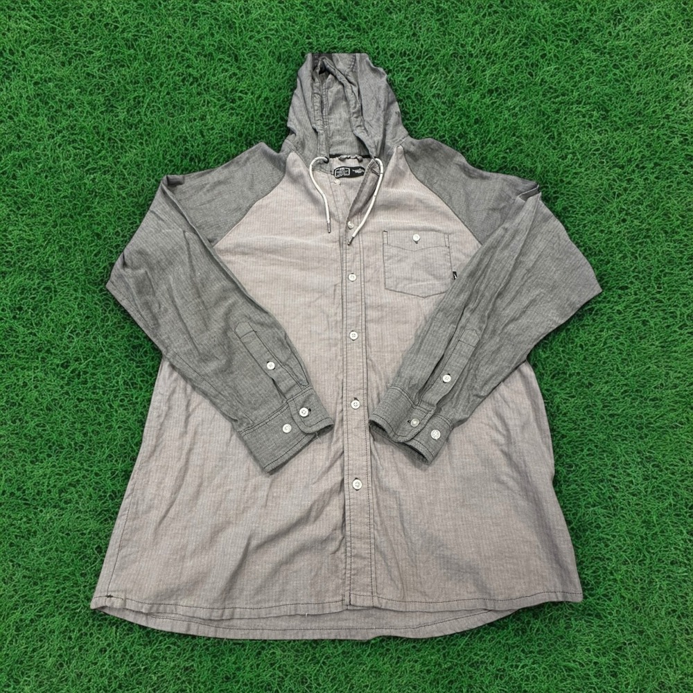 Men's Gray Hooded Button-Up Shirt - Lightweight Casual
